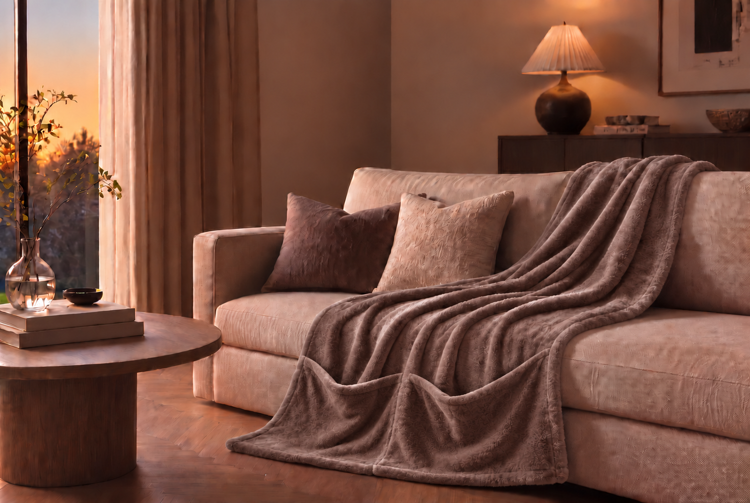 NordicBlanket draperad över en soffa i ett varmt skandinaviskt vardagsrum